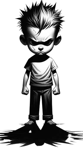 A child displaying anger with a scowling face, tightly clenched fists, and an aggressive stance.