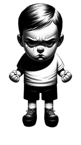 A toddler with an angry expression and clenched fists, showing signs of frustration, aggression and ready to hit.